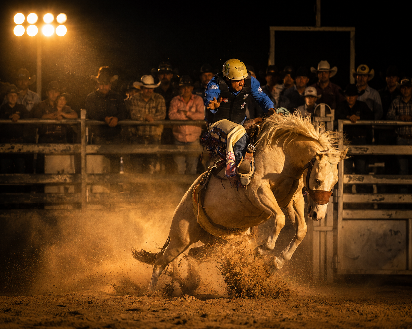 Saddle bronc rider mid-ride at the Melton Rodeo arena, Alpha Queensland