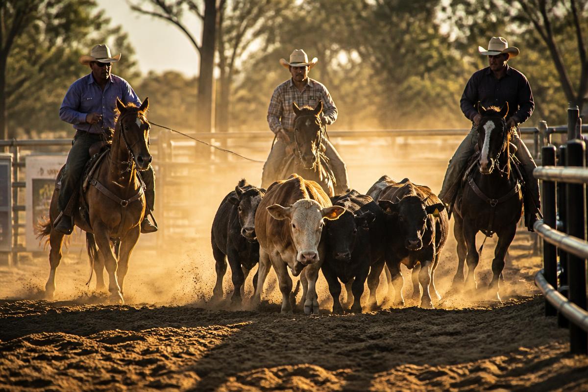 Team Penning riders working cattle in an arena at Melton Arena, Alpha QLD